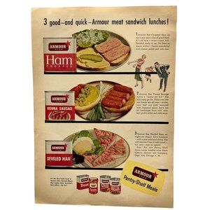 Armour Canned Meat Vintage Print Ad 1954 Deviled Chopped Ham Vienna Sausage